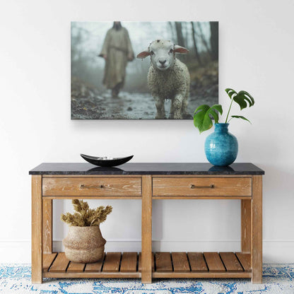 Faithful Guidance Jesus Behind the Muddy Lamb in the Rain   Christian Canvas Wall Art Decor