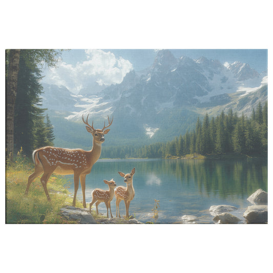 Family of Deer Lake with Snow-Capped Mountains and Forest  Tranquil Nature Wildlife Art for Home Living Room or Office  Canvas Wall Art Decor - Awakening Righteousness