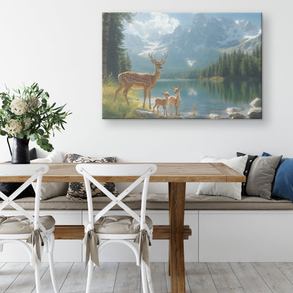 Family of Deer Lake with Snow-Capped Mountains and Forest  Tranquil Nature Wildlife Art for Home Living Room or Office  Canvas Wall Art Decor - Awakening Righteousness