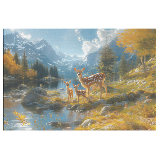 Family of Deer River with Towering Mountains and Snow-Capped Peaks  Nature Wildlife Art for Home Living Room Cabin or Office  Canvas Wall Art Decor - Awakening Righteousness