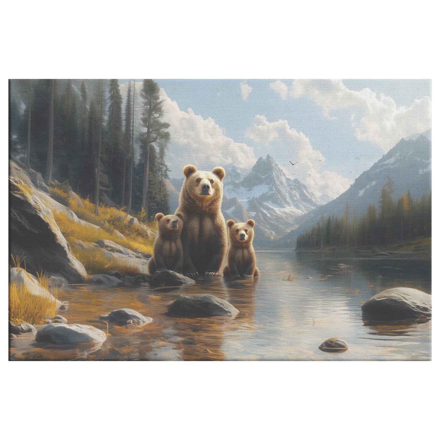 Family of Grizzly Bears with Mother and Two Cubs Standing Water with Majestic Mountainous Landscape  Nature Canvas Wall Art for Home Living Room or Office  Canvas Wall Art Decor - Awakening Righteousness