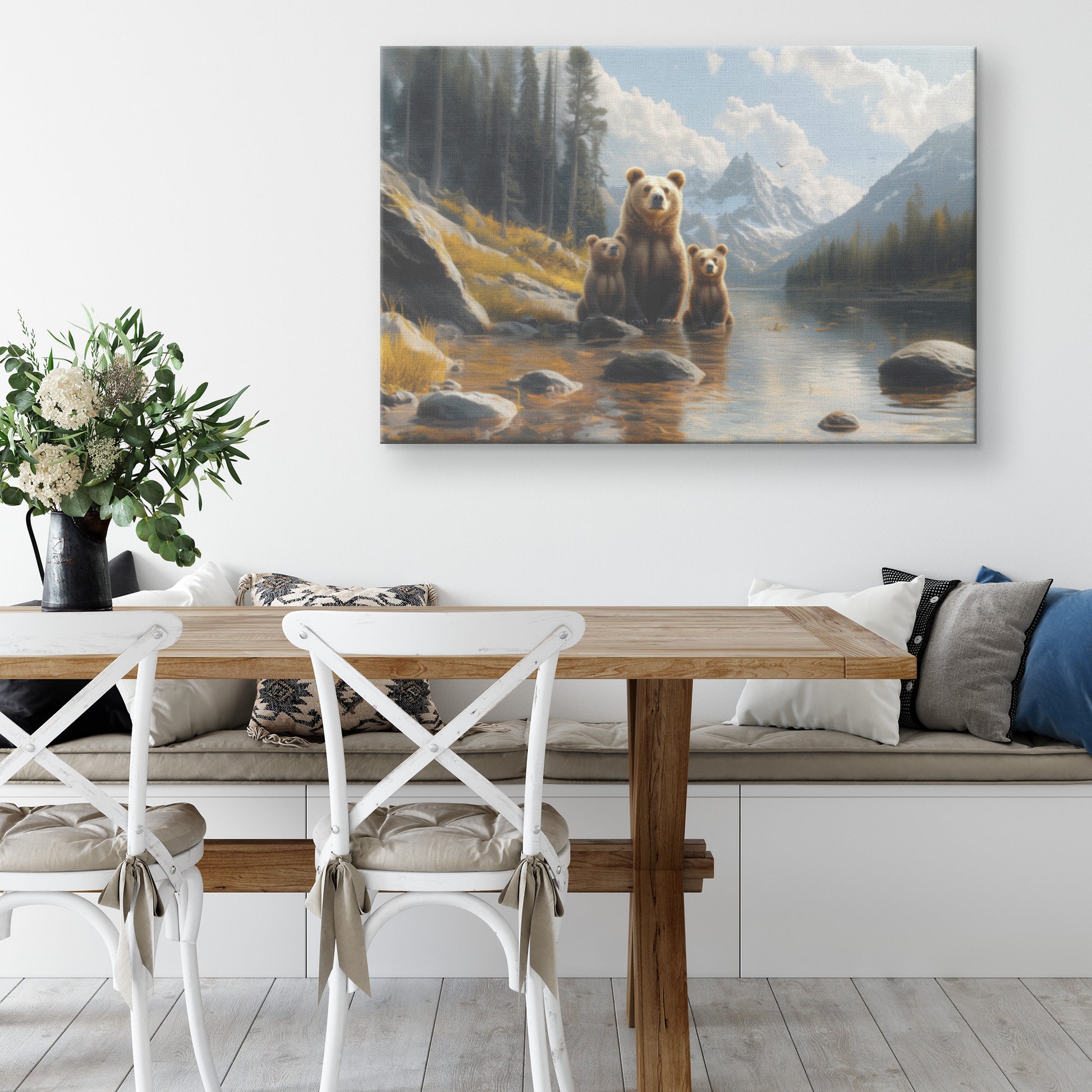 Family of Grizzly Bears with Mother and Two Cubs Standing Water with Majestic Mountainous Landscape  Nature Canvas Wall Art for Home Living Room or Office  Canvas Wall Art Decor - Awakening Righteousness