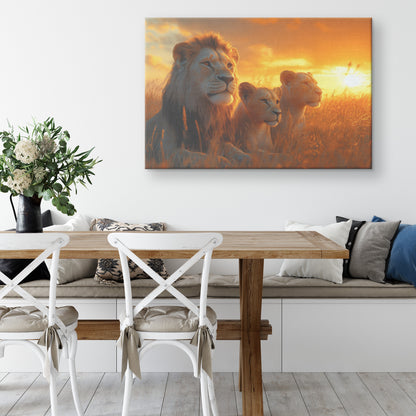 Family of Lions with Father and Two Lioness Cubs Sitting Under Orange Sunset Sky  Majestic Wildlife Canvas Wall Art for Home Living Room or Safari-Themed Decor - Awakening Righteousness