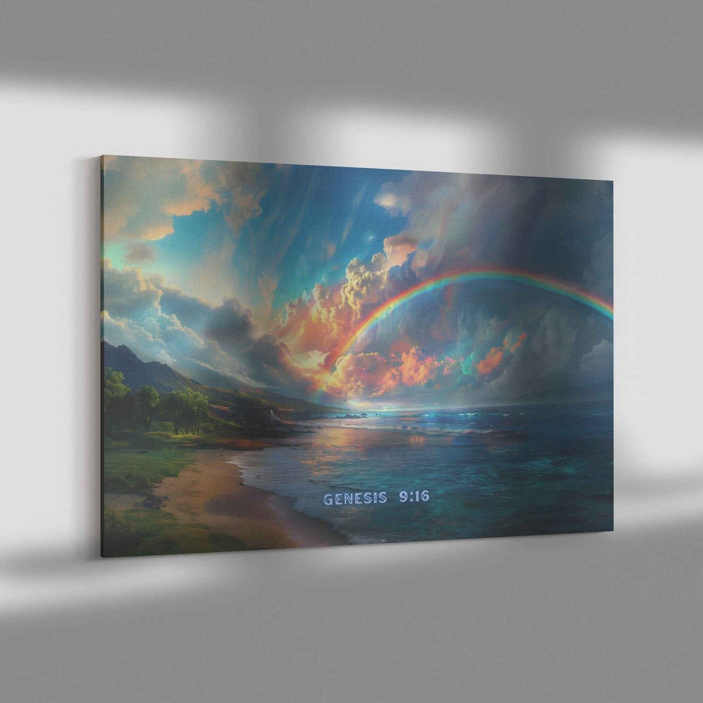 Genesis 916 God's Rainbow over Ocean Canvas Art