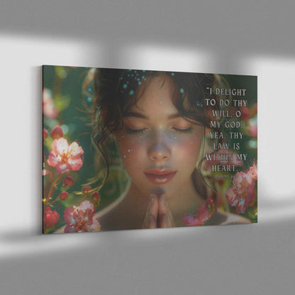 Girl Praying Psalms 4 08 I delight to do thy will O my God yea thy law is within my heart Christian Canvas Wall Art
