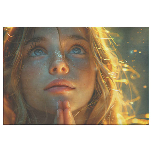 Golden Hope Girl Praying with Glittering Faith   Inspiring Christian Canvas Wall Art Decor