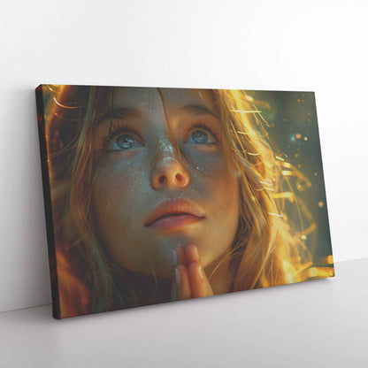 Golden Hope Girl Praying with Glittering Faith   Inspiring Christian Canvas Wall Art Decor