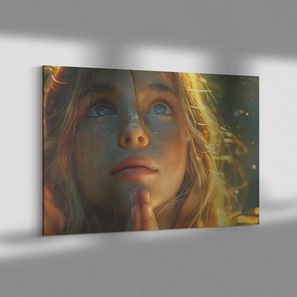 Golden Hope Girl Praying with Glittering Faith   Inspiring Christian Canvas Wall Art Decor