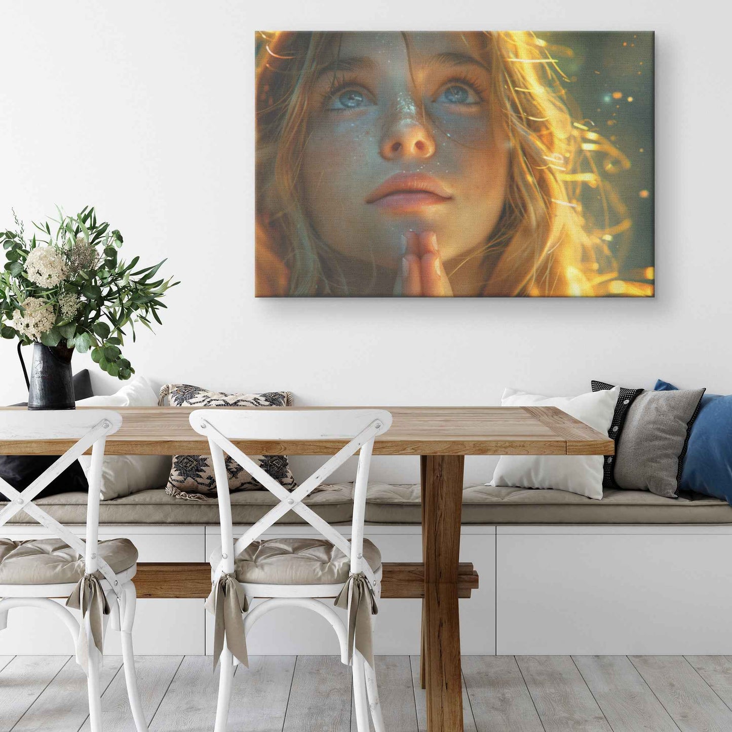 Golden Hope Girl Praying with Glittering Faith   Inspiring Christian Canvas Wall Art Decor