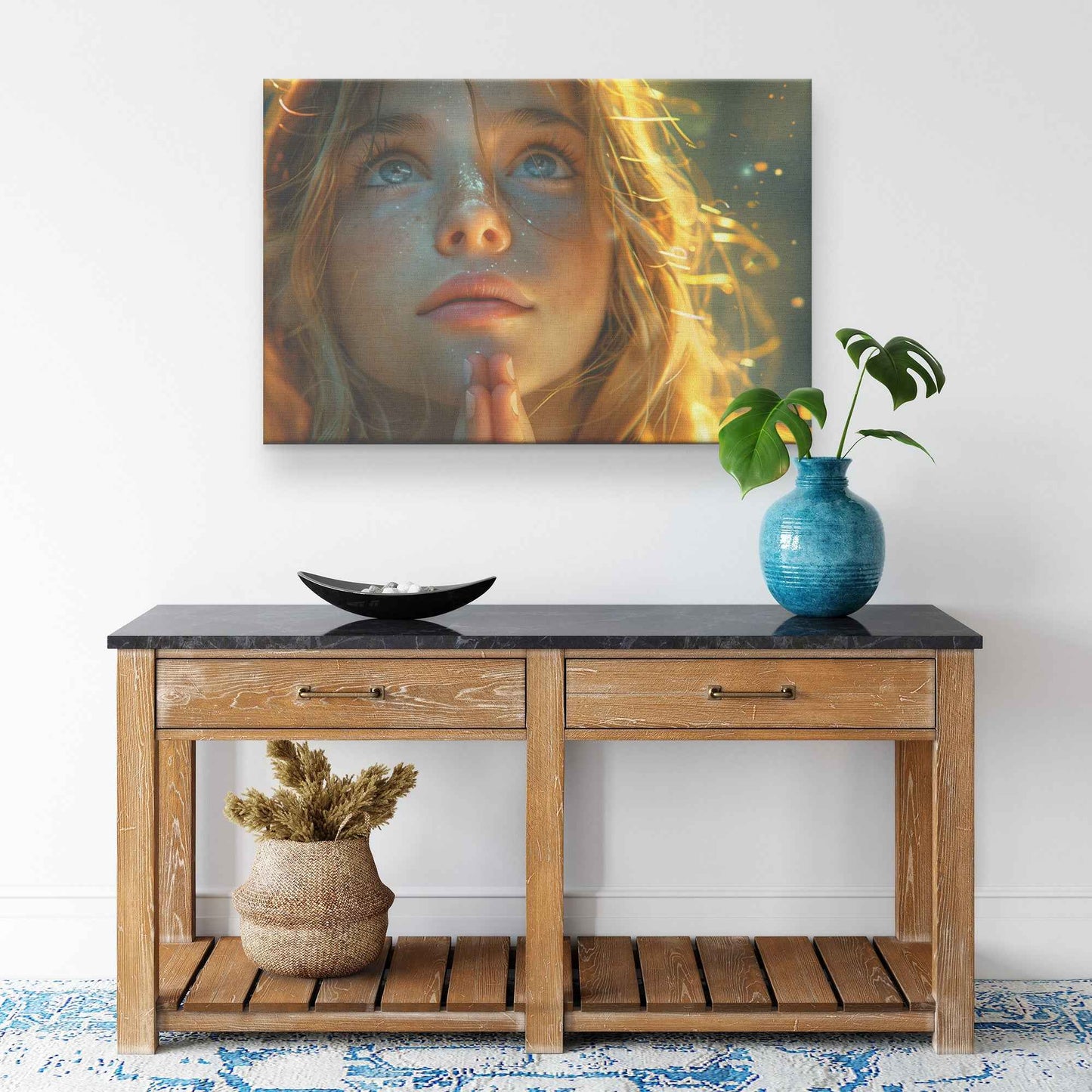 Golden Hope Girl Praying with Glittering Faith   Inspiring Christian Canvas Wall Art Decor