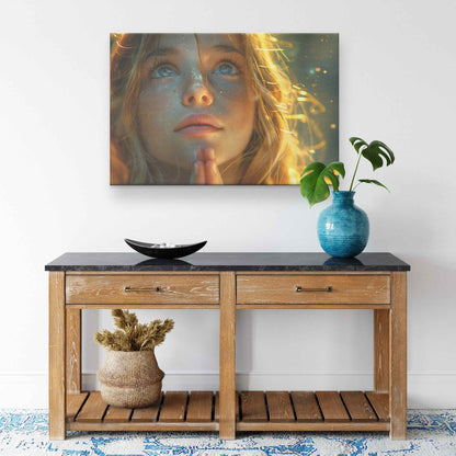 Golden Hope Girl Praying with Glittering Faith   Inspiring Christian Canvas Wall Art Decor