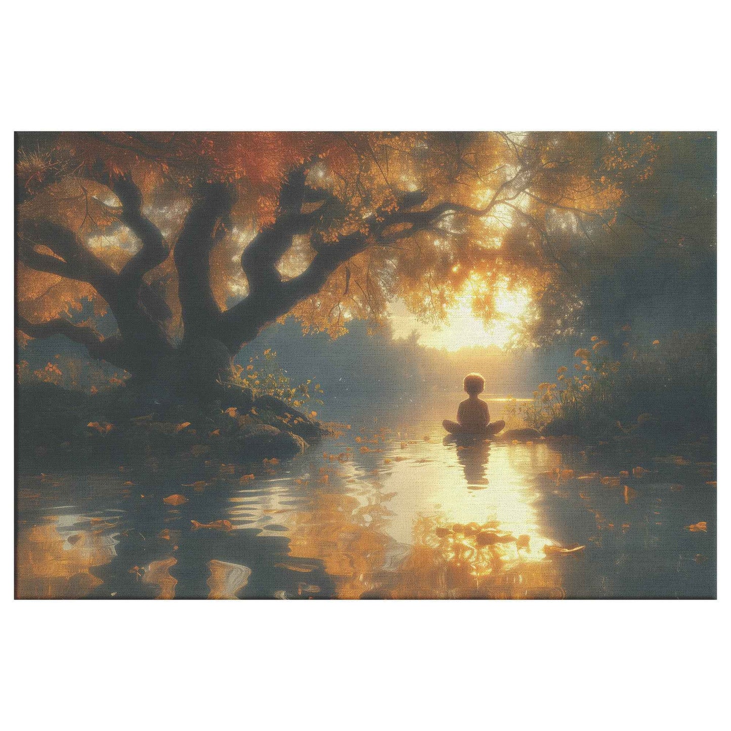 Golden Serenity Young Boy Praying Beneath an Ancient Tree a Tranquil River at Sunset   Christian Canvas Wall Art Decor