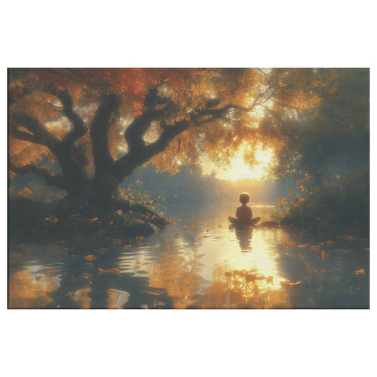Golden Serenity Young Boy Praying Beneath an Ancient Tree a Tranquil River at Sunset   Christian Canvas Wall Art Decor