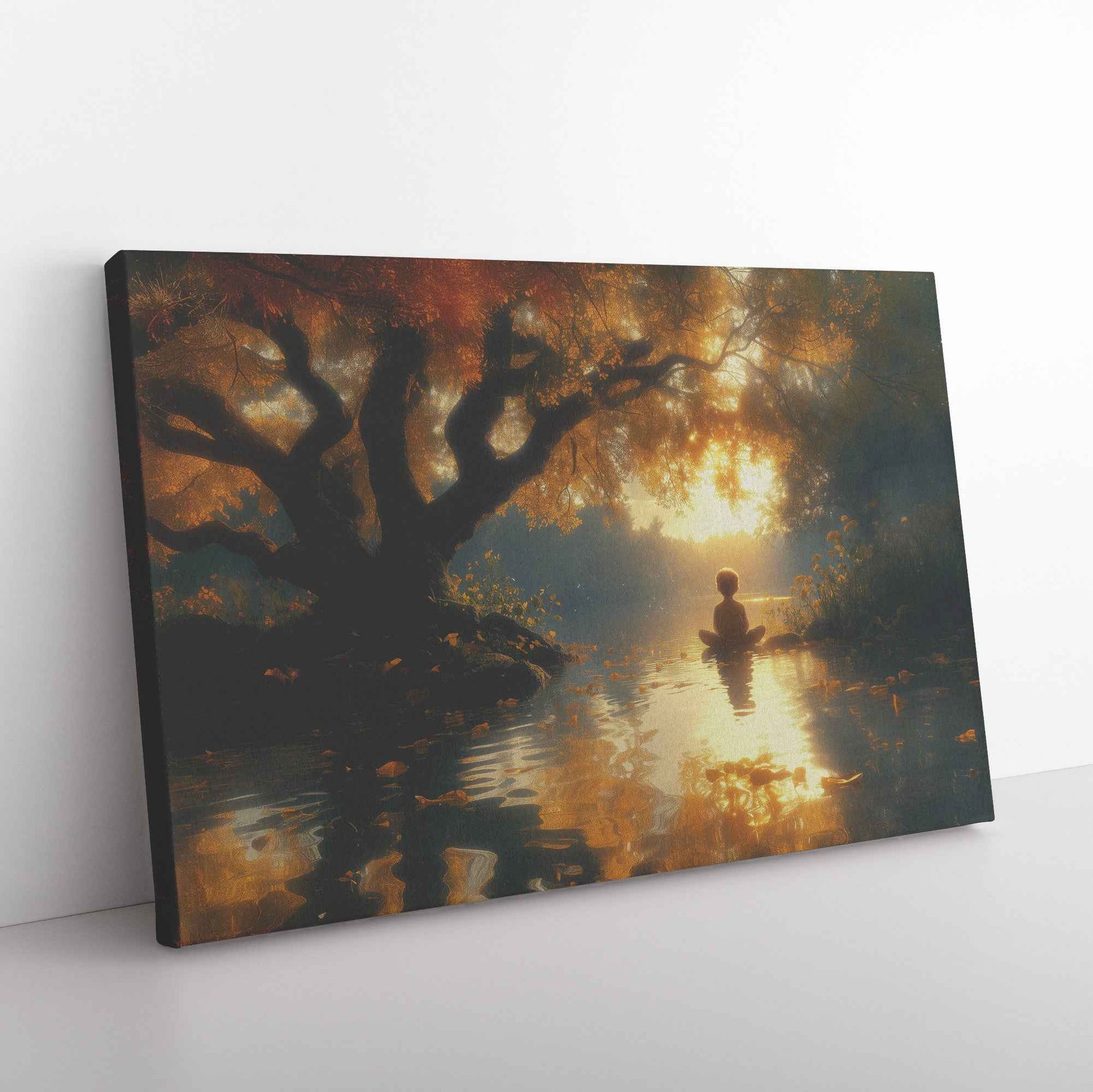Golden Serenity Young Boy Praying Beneath an Ancient Tree a Tranquil River at Sunset   Christian Canvas Wall Art Decor