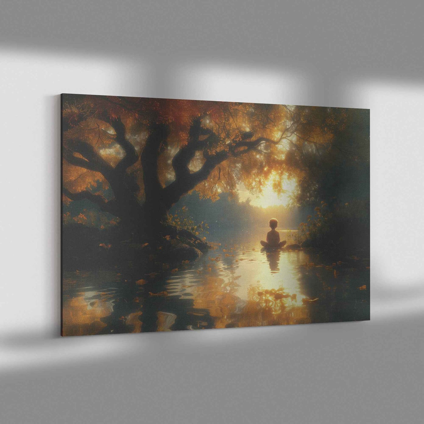 Golden Serenity Young Boy Praying Beneath an Ancient Tree a Tranquil River at Sunset   Christian Canvas Wall Art Decor