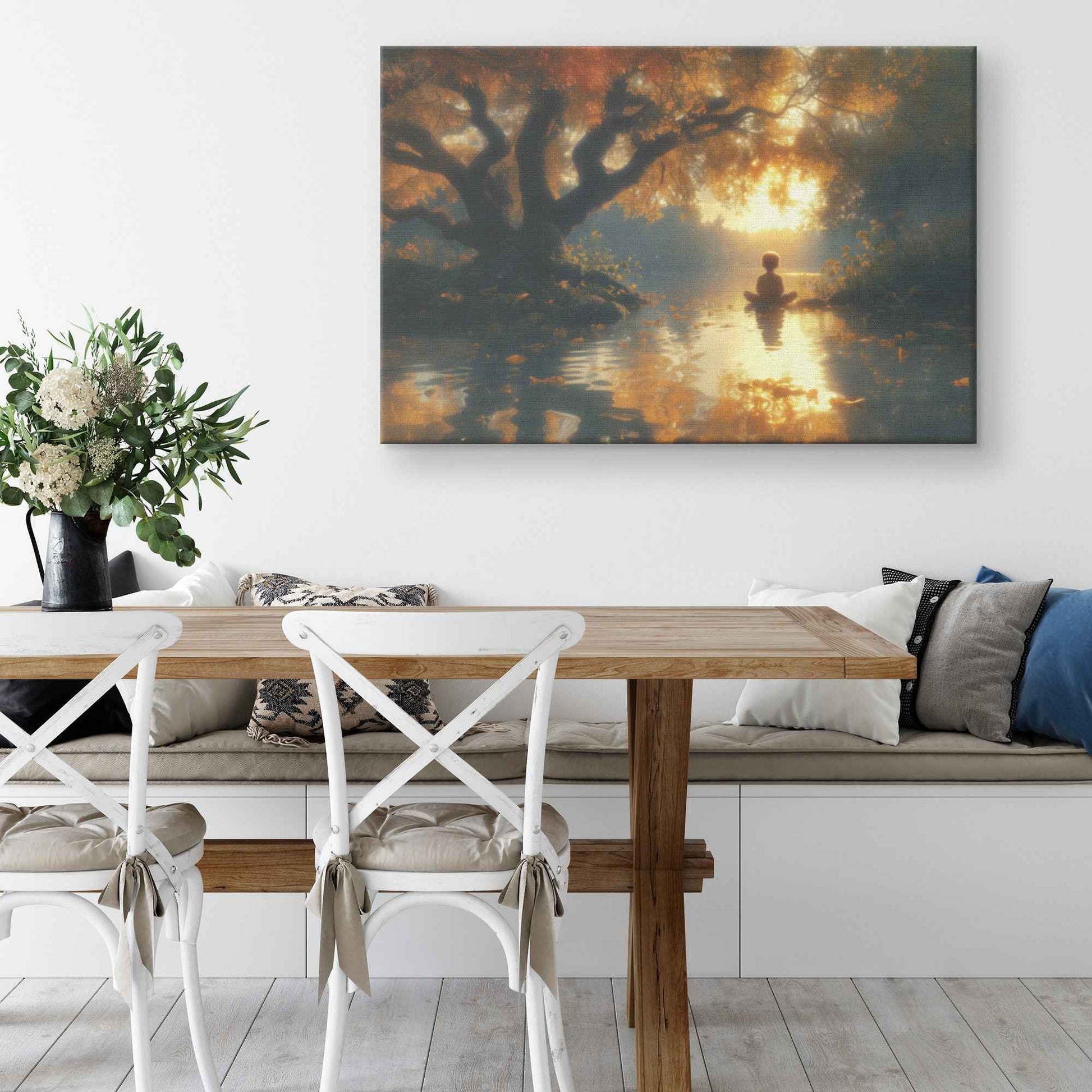 Golden Serenity Young Boy Praying Beneath an Ancient Tree a Tranquil River at Sunset   Christian Canvas Wall Art Decor