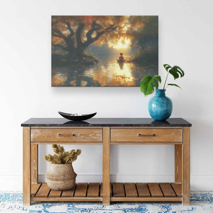 Golden Serenity Young Boy Praying Beneath an Ancient Tree a Tranquil River at Sunset   Christian Canvas Wall Art Decor