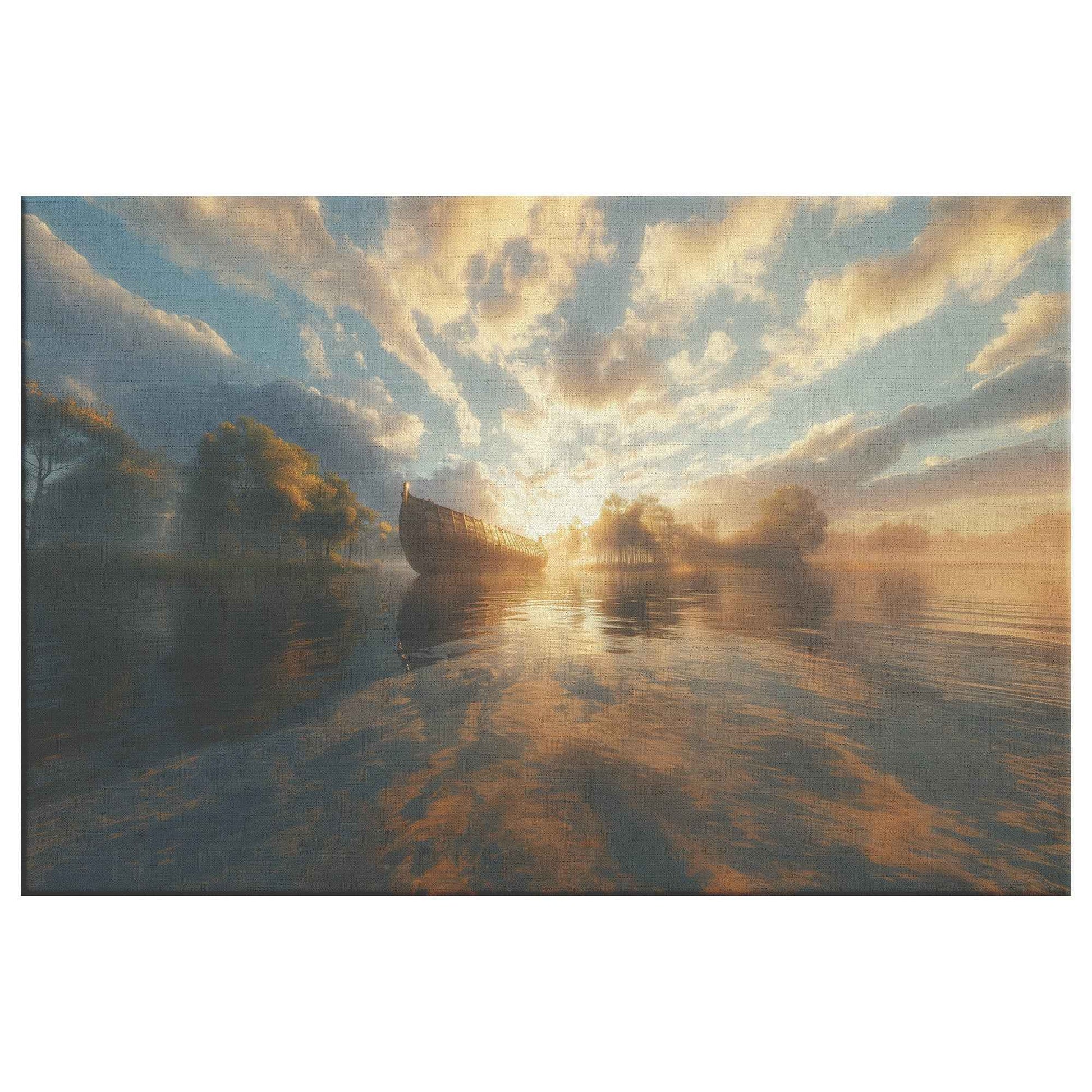 Golden Sunrise Over a Misty Lake Featuring Noahs Ark in the Distance Reflecting Warm Sunlight and Surrounded Ethereal Cloud Tranquil Christian Canvas Wall Art Decor