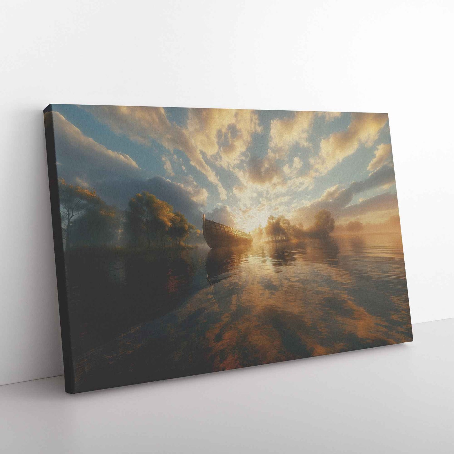 Golden Sunrise Over a Misty Lake Featuring Noahs Ark in the Distance Reflecting Warm Sunlight and Surrounded Ethereal Cloud Tranquil Christian Canvas Wall Art Decor