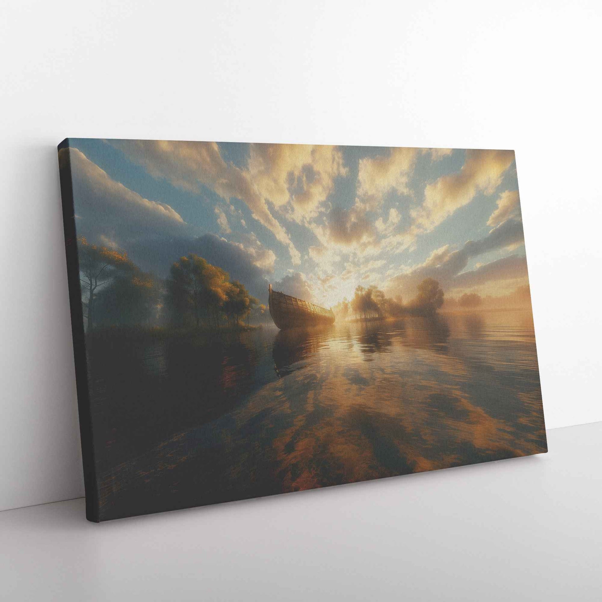 Golden Sunrise Over a Misty Lake Featuring Noahs Ark in the Distance Reflecting Warm Sunlight and Surrounded Ethereal Cloud Tranquil Christian Canvas Wall Art Decor
