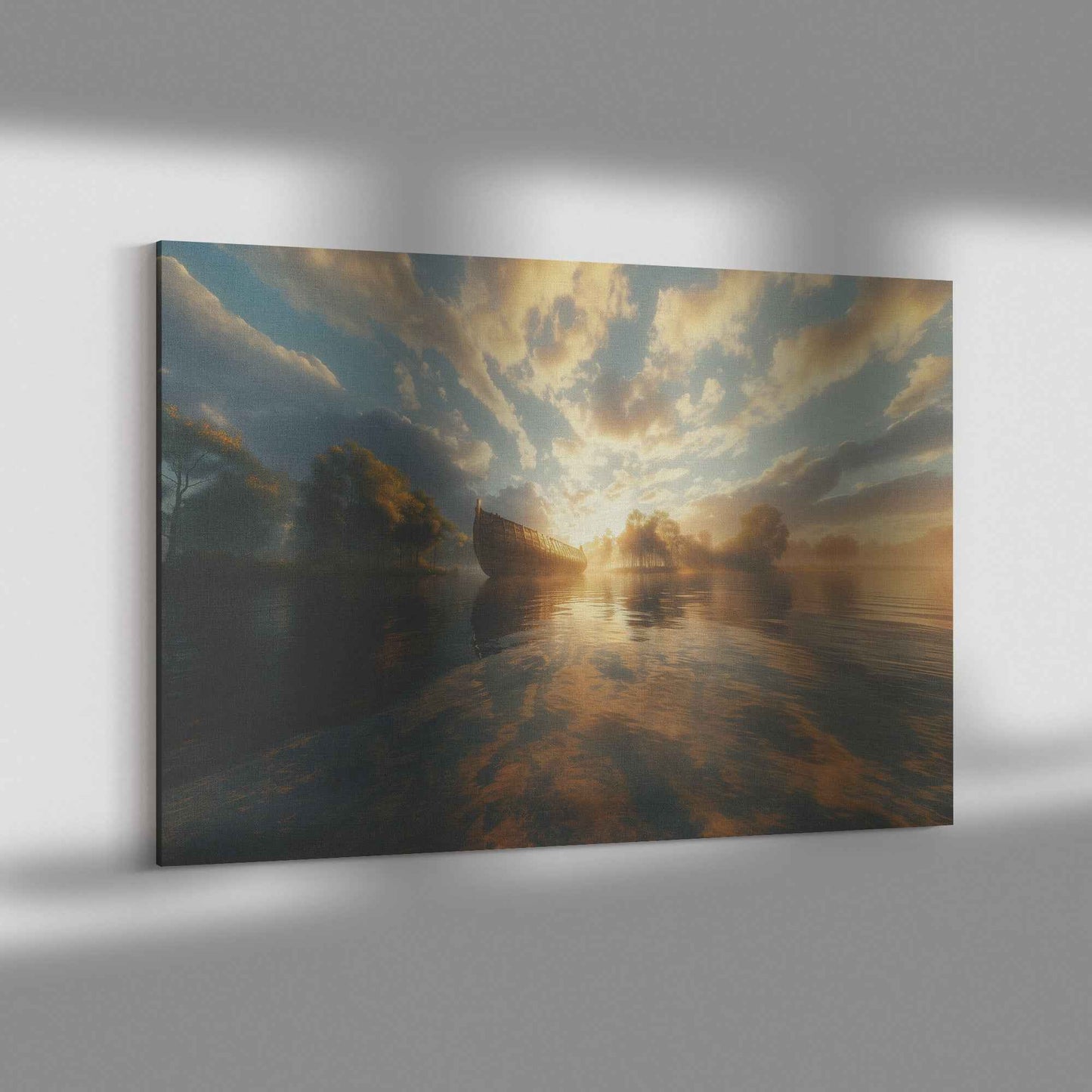 Golden Sunrise Over a Misty Lake Featuring Noahs Ark in the Distance Reflecting Warm Sunlight and Surrounded Ethereal Cloud Tranquil Christian Canvas Wall Art Decor