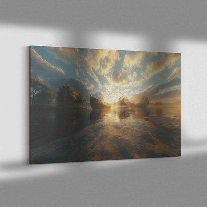 Golden Sunrise Over a Misty Lake Featuring Noahs Ark in the Distance Reflecting Warm Sunlight and Surrounded Ethereal Cloud Tranquil Christian Canvas Wall Art Decor