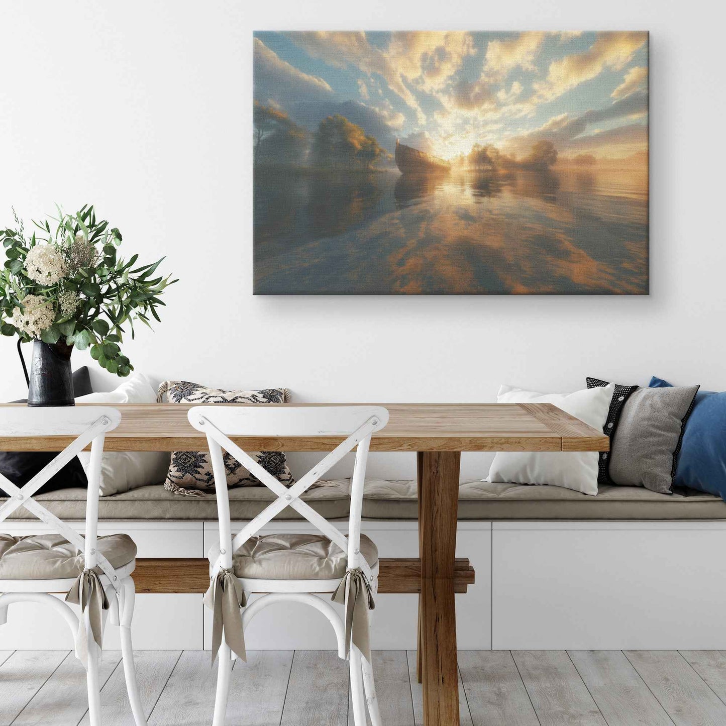 Golden Sunrise Over a Misty Lake Featuring Noahs Ark in the Distance Reflecting Warm Sunlight and Surrounded Ethereal Cloud Tranquil Christian Canvas Wall Art Decor