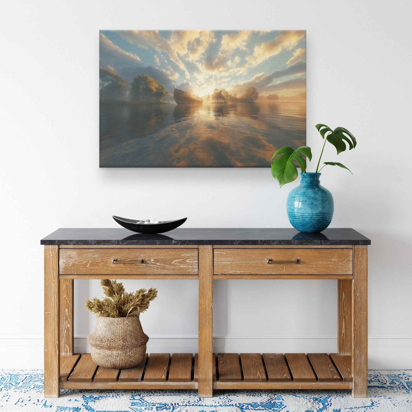 Golden Sunrise Over a Misty Lake Featuring Noahs Ark in the Distance Reflecting Warm Sunlight and Surrounded Ethereal Cloud Tranquil Christian Canvas Wall Art Decor