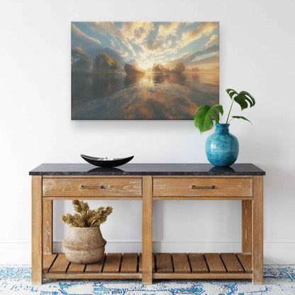 Golden Sunrise Over a Misty Lake Featuring Noahs Ark in the Distance Reflecting Warm Sunlight and Surrounded Ethereal Cloud Tranquil Christian Canvas Wall Art Decor