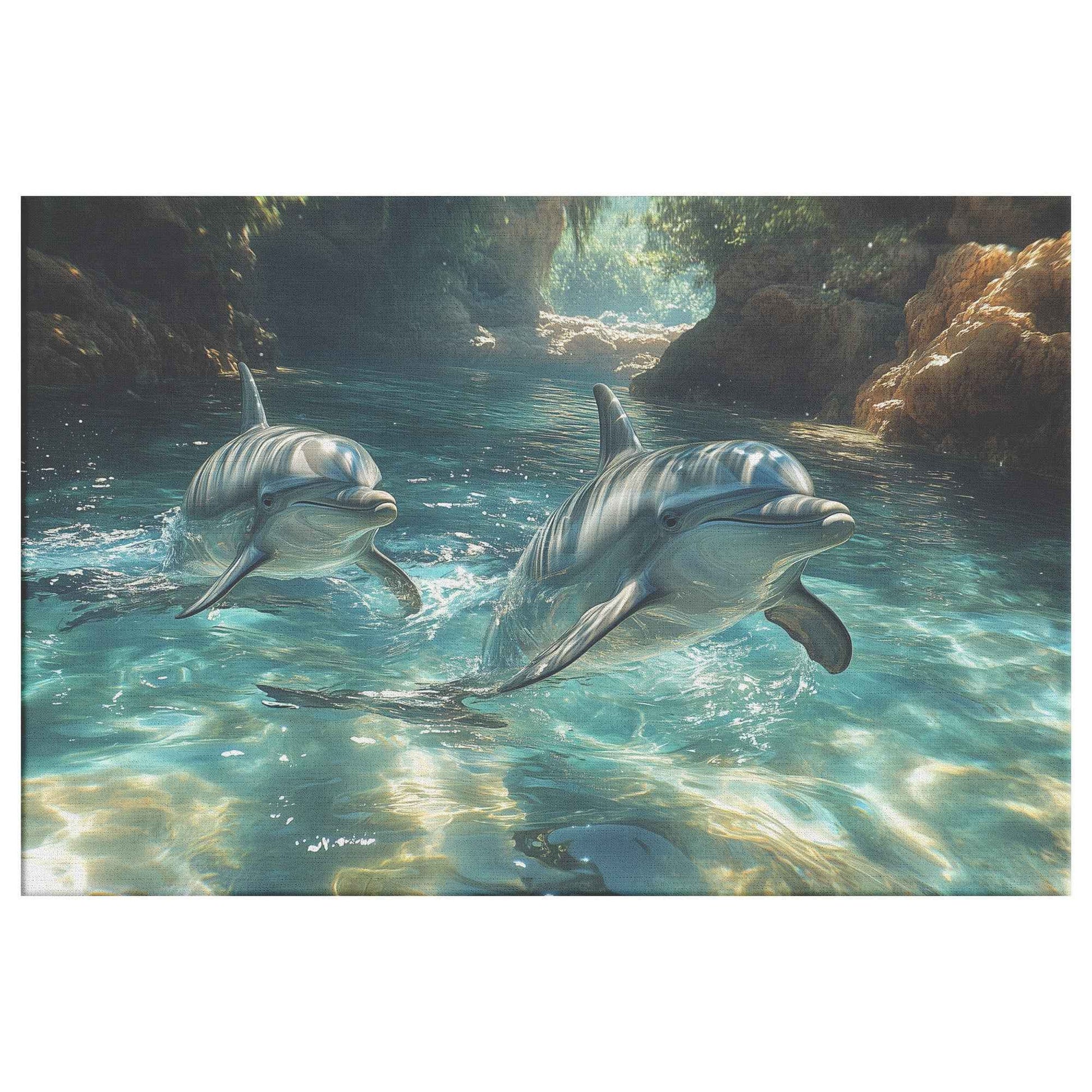 Graceful Dolphins Swimming in Crystal-Clear Waters   Christian Canvas Wall Art Decor