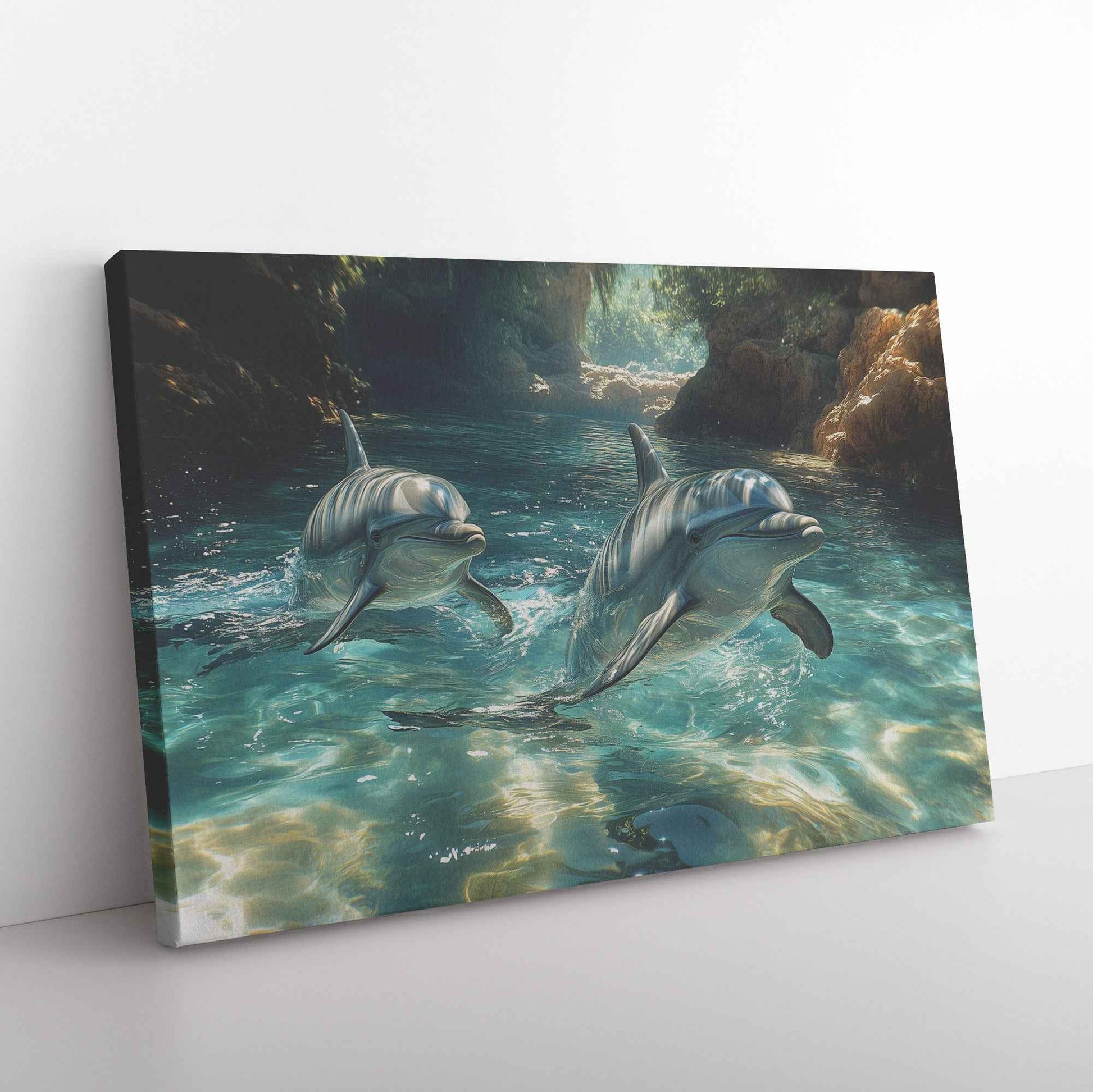 Graceful Dolphins Swimming in Crystal-Clear Waters   Christian Canvas Wall Art Decor