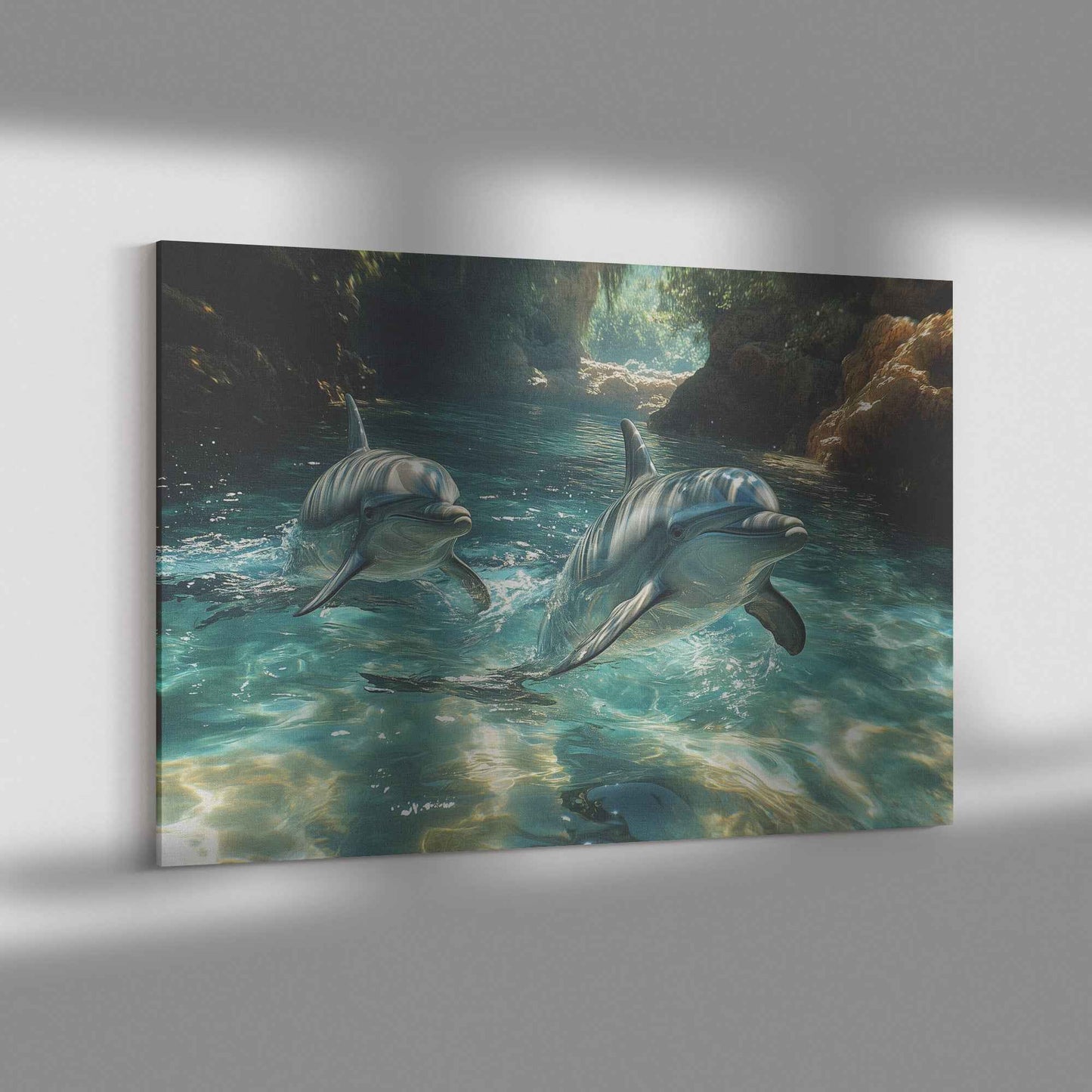 Graceful Dolphins Swimming in Crystal-Clear Waters   Christian Canvas Wall Art Decor