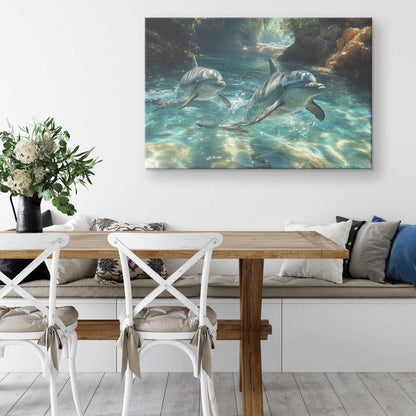 Graceful Dolphins Swimming in Crystal-Clear Waters   Christian Canvas Wall Art Decor