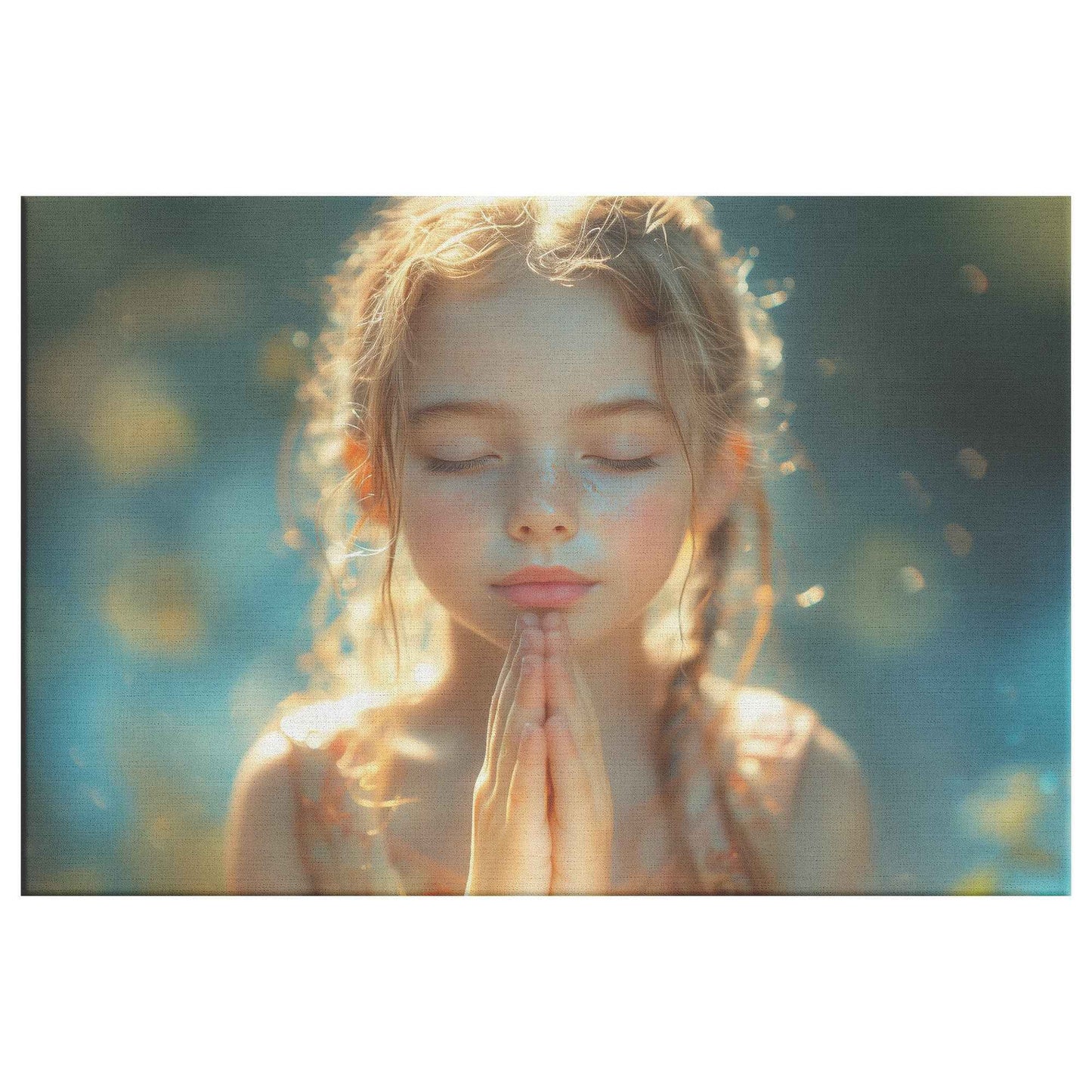 Graceful Prayer Young Girl in Sunlit Serenity with Pastel Hues   High-Resolution Christian Canvas Wall Art Decor