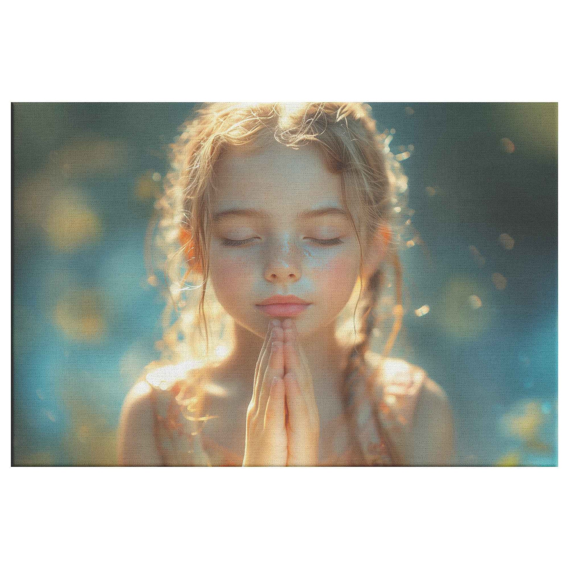 Graceful Prayer Young Girl in Sunlit Serenity with Pastel Hues   High-Resolution Christian Canvas Wall Art Decor