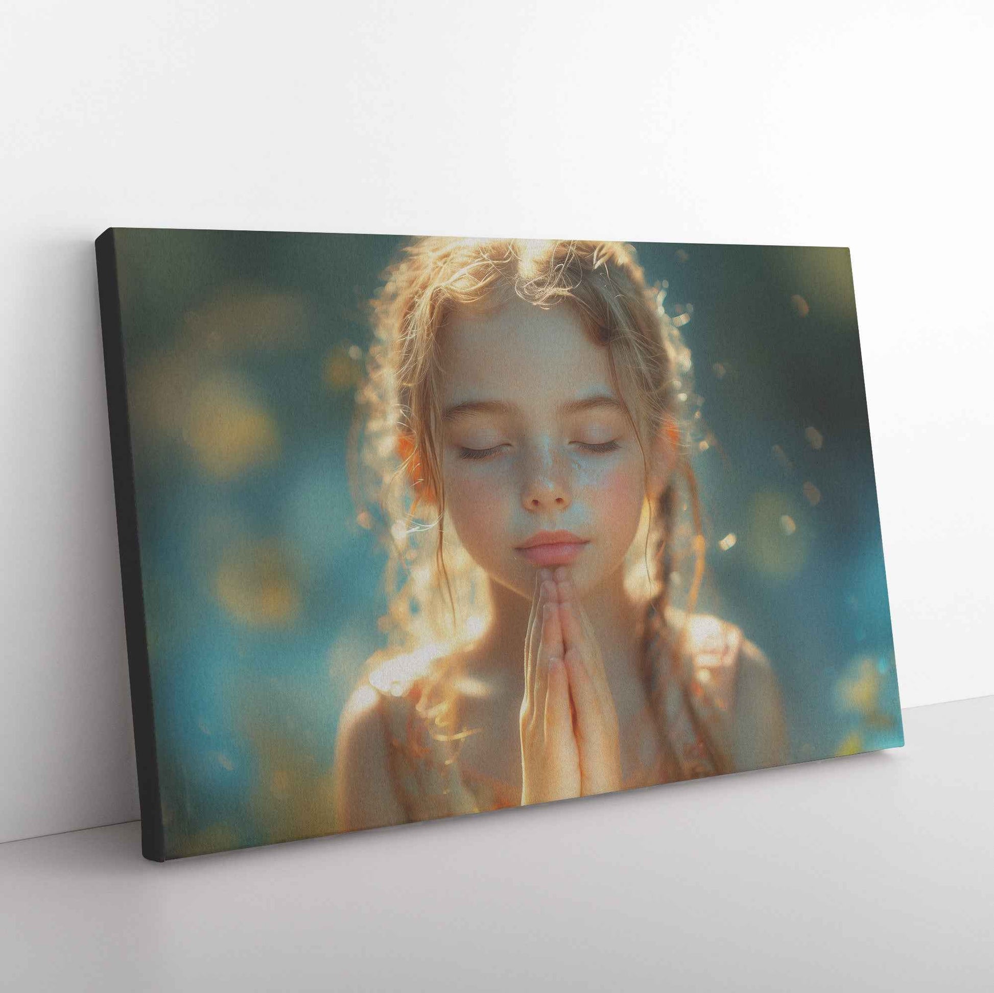 Graceful Prayer Young Girl in Sunlit Serenity with Pastel Hues   High-Resolution Christian Canvas Wall Art Decor