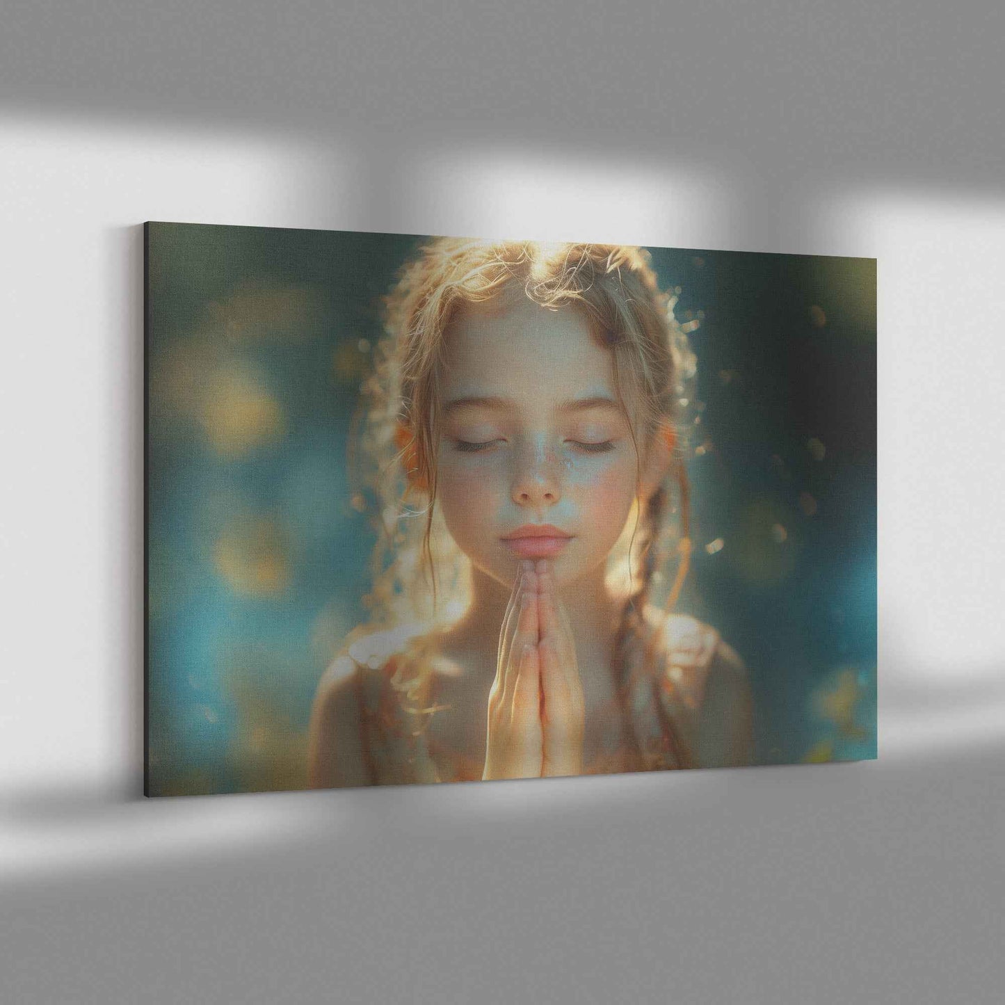 Graceful Prayer Young Girl in Sunlit Serenity with Pastel Hues   High-Resolution Christian Canvas Wall Art Decor