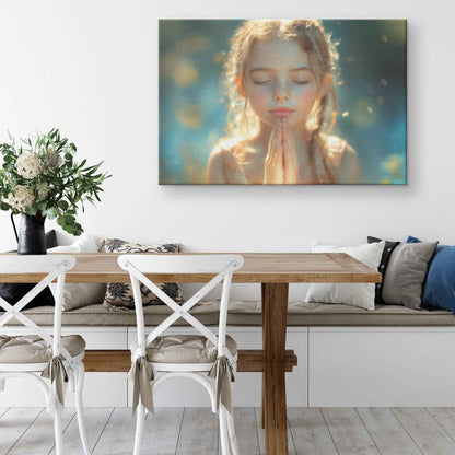Graceful Prayer Young Girl in Sunlit Serenity with Pastel Hues   High-Resolution Christian Canvas Wall Art Decor
