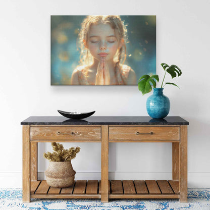 Graceful Prayer Young Girl in Sunlit Serenity with Pastel Hues   High-Resolution Christian Canvas Wall Art Decor