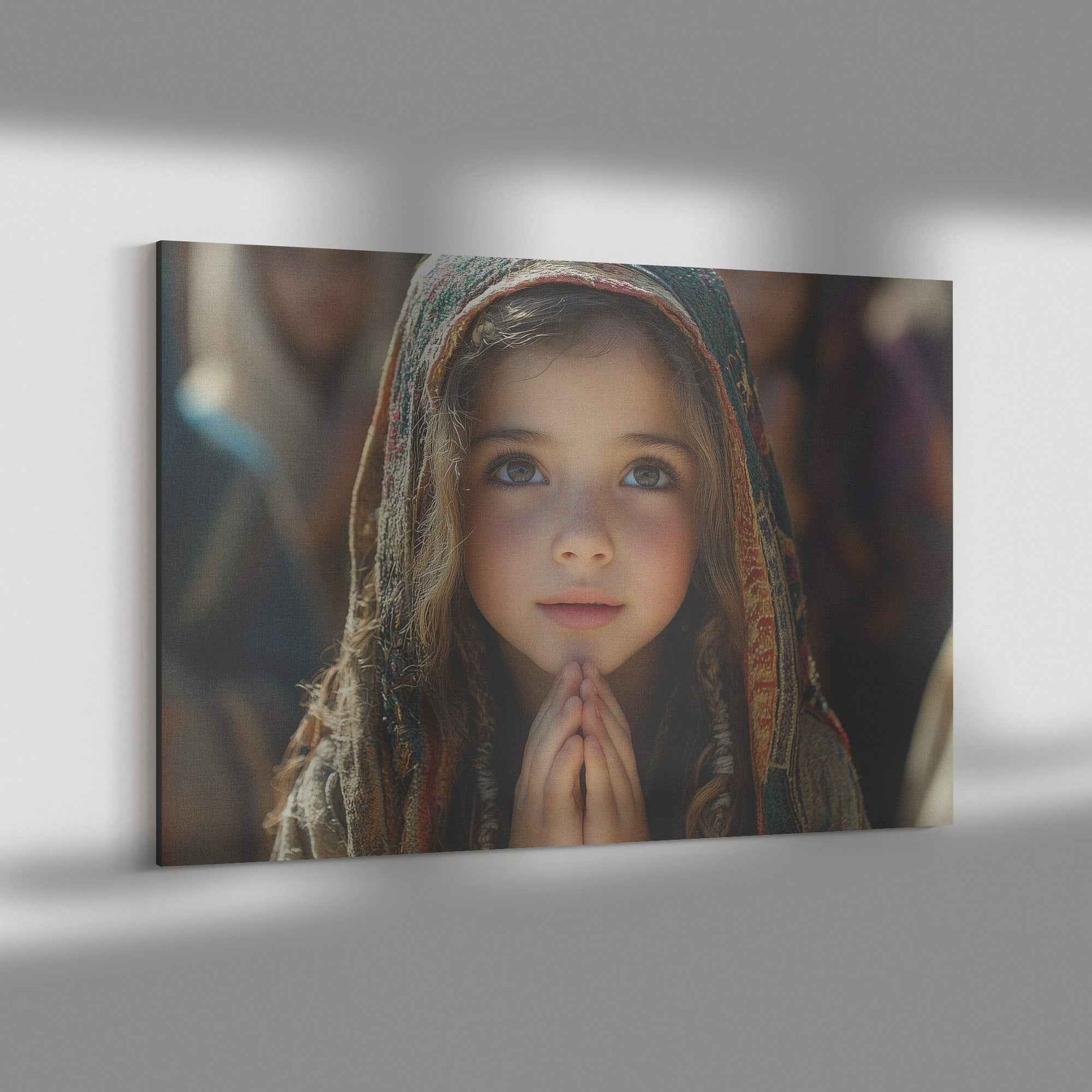 Graceful Prayer Young Girl in Traditional Attire Deep in Reflection   Inspiring Christian Canvas Wall Art Decor