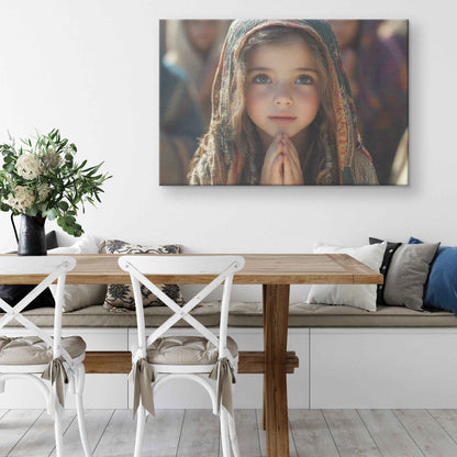 Graceful Prayer Young Girl in Traditional Attire Deep in Reflection   Inspiring Christian Canvas Wall Art Decor