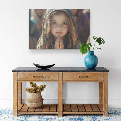Graceful Prayer Young Girl in Traditional Attire Deep in Reflection   Inspiring Christian Canvas Wall Art Decor