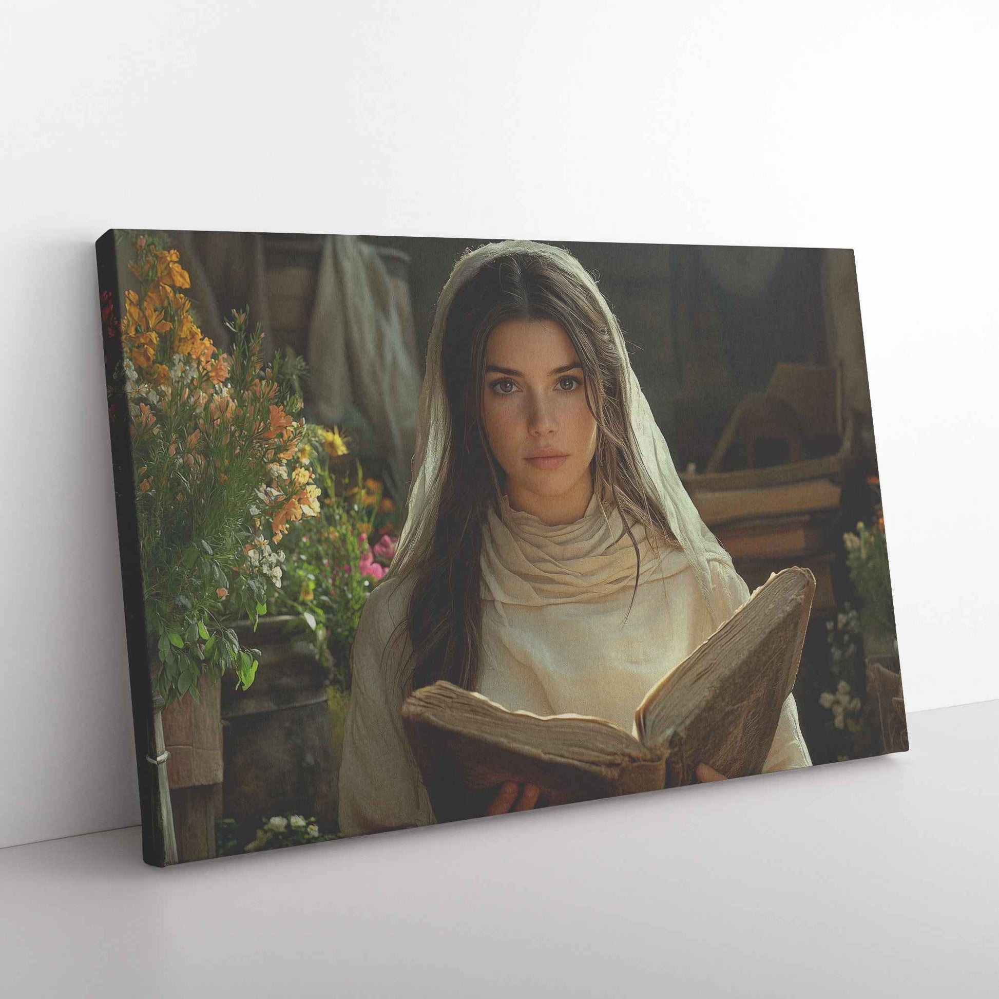 Graceful Reflection Young Woman Reading the Bible in a Blooming Garden   Inspiring Christian Wall Art Decor