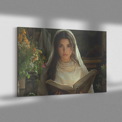 Graceful Reflection Young Woman Reading the Bible in a Blooming Garden   Inspiring Christian Wall Art Decor