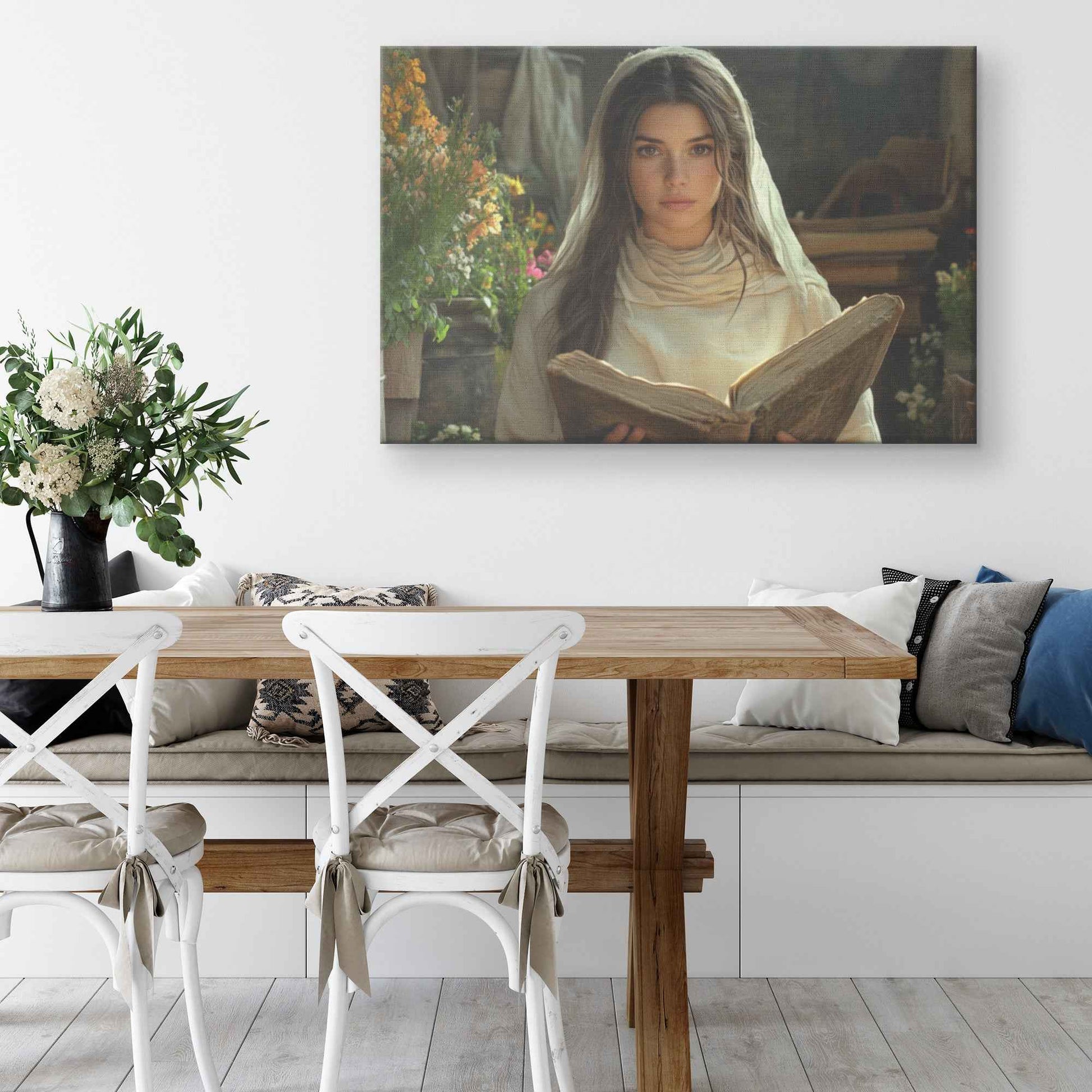 Graceful Reflection Young Woman Reading the Bible in a Blooming Garden   Inspiring Christian Wall Art Decor