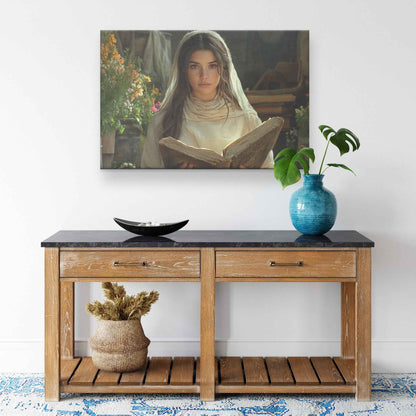 Graceful Reflection Young Woman Reading the Bible in a Blooming Garden   Inspiring Christian Wall Art Decor