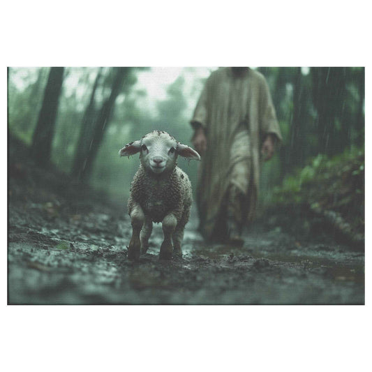 Graceful Rescue Jesus Protecting the Muddy Lamb on the Rainy Forest Path   Christian Canvas Wall Art Decor
