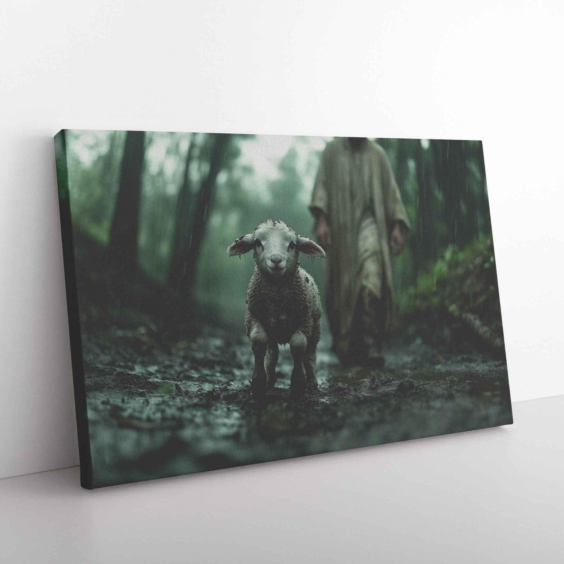 Graceful Rescue Jesus Protecting the Muddy Lamb on the Rainy Forest Path   Christian Canvas Wall Art Decor