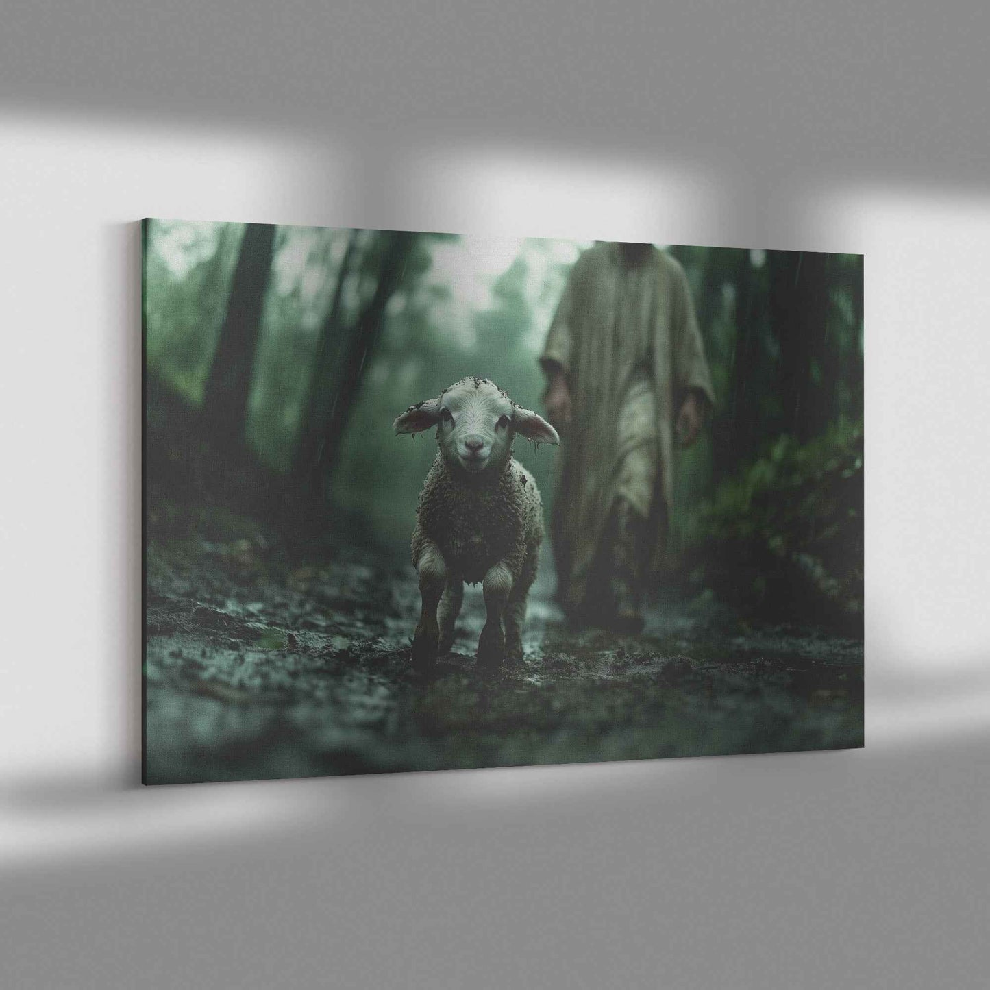 Graceful Rescue Jesus Protecting the Muddy Lamb on the Rainy Forest Path   Christian Canvas Wall Art Decor