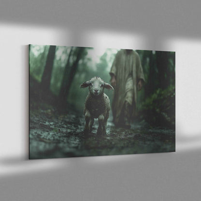 Graceful Rescue Jesus Protecting the Muddy Lamb on the Rainy Forest Path   Christian Canvas Wall Art Decor